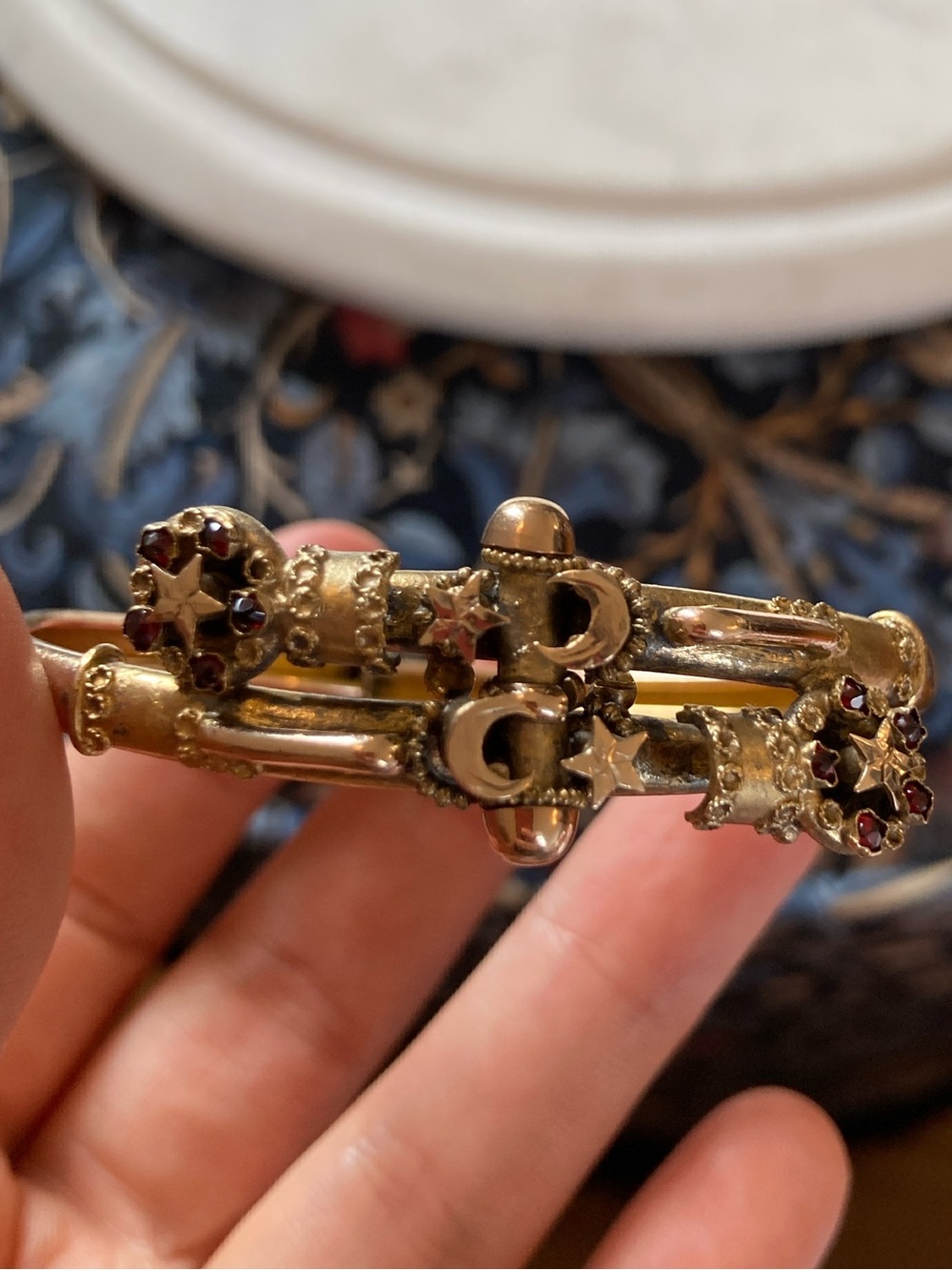 Antique Victorian Celestial Rose-Cut Garnet Crescent Moon & Stars GF Bracelet - Picture 13 of 16
